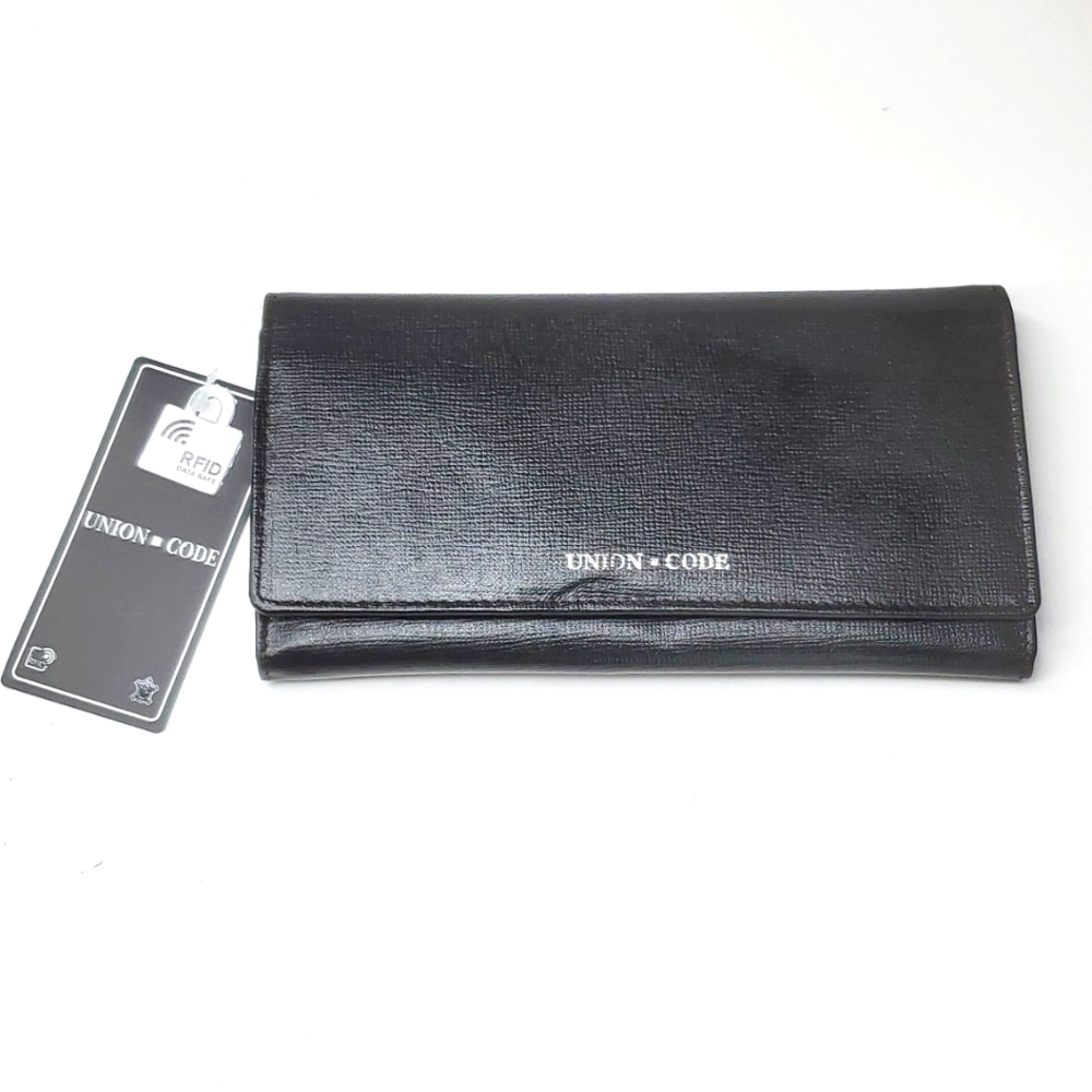 Union Code Black Genuine Leather RFID Zippered Wallet NWT